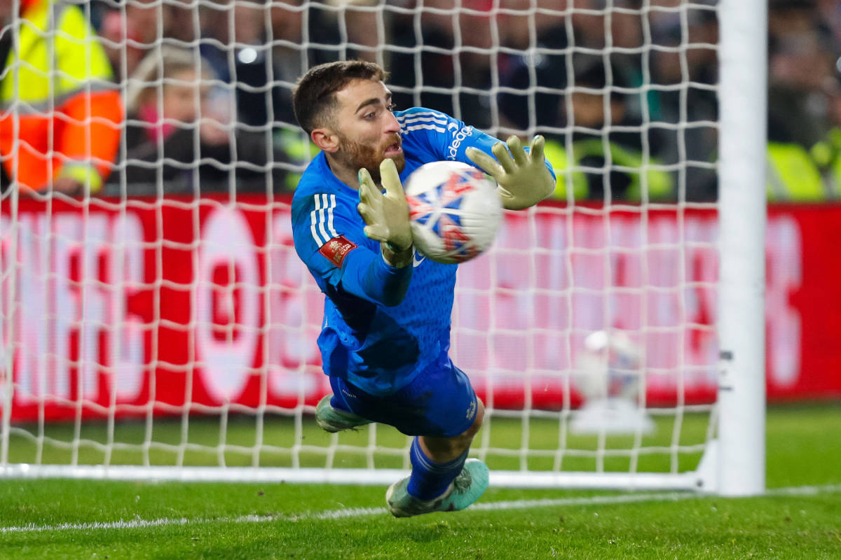 Nottingham Forest keeper Matt Turner pictured saving a penalty kick in an FA Cup shootout against Bristol City in February 2024